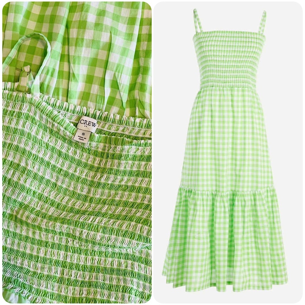 J. Crew Green Gingham Smocked Midi Dress